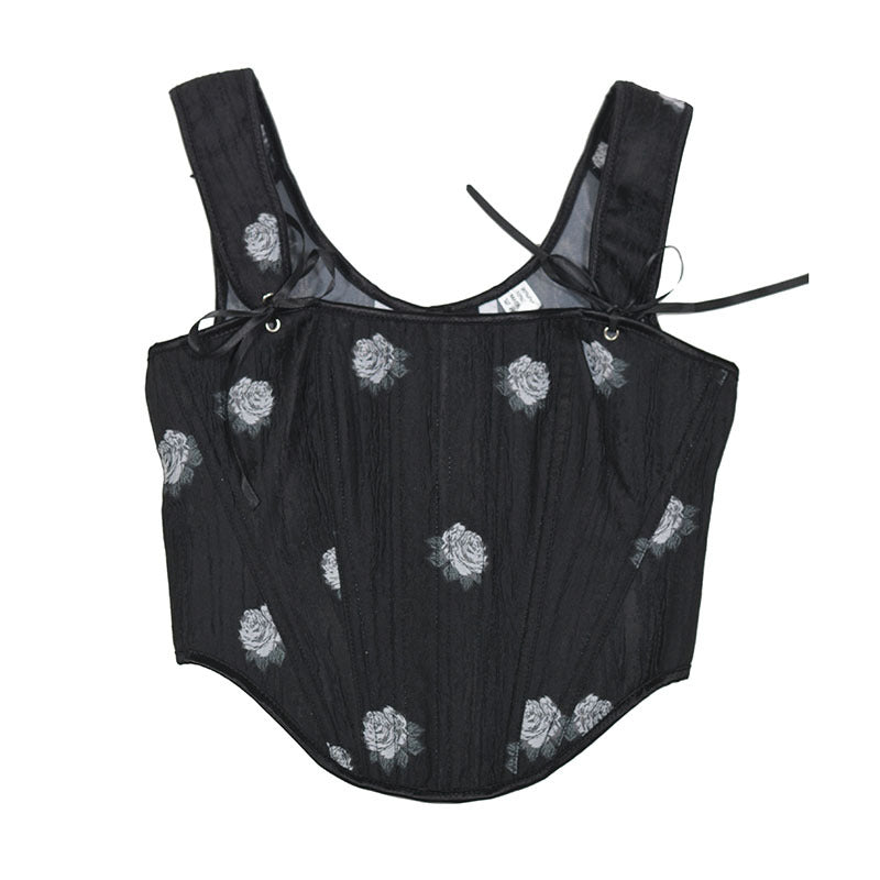 Close-up of corset pattern and rose print on plus size body shaper