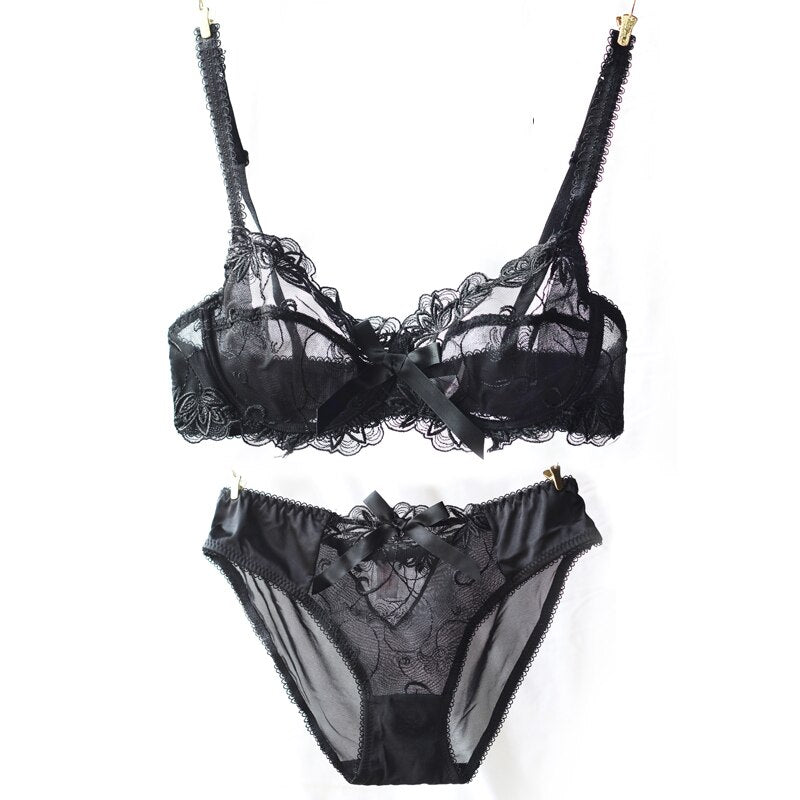 Close-up of ultra-thin floral embroidery on sheer bra
