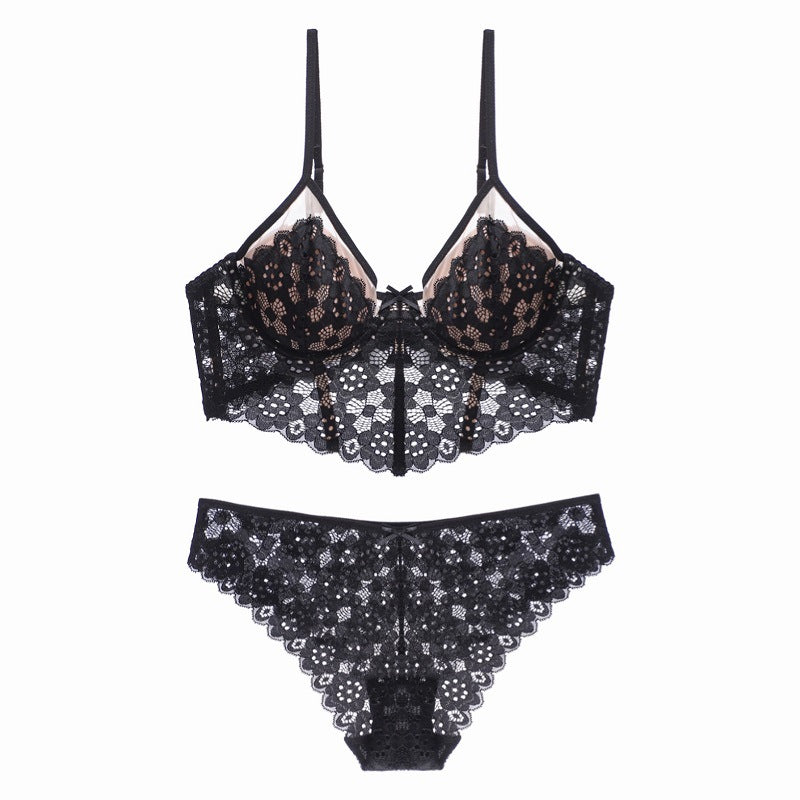 showing corset-style gathering and long bra design in lingerie set”