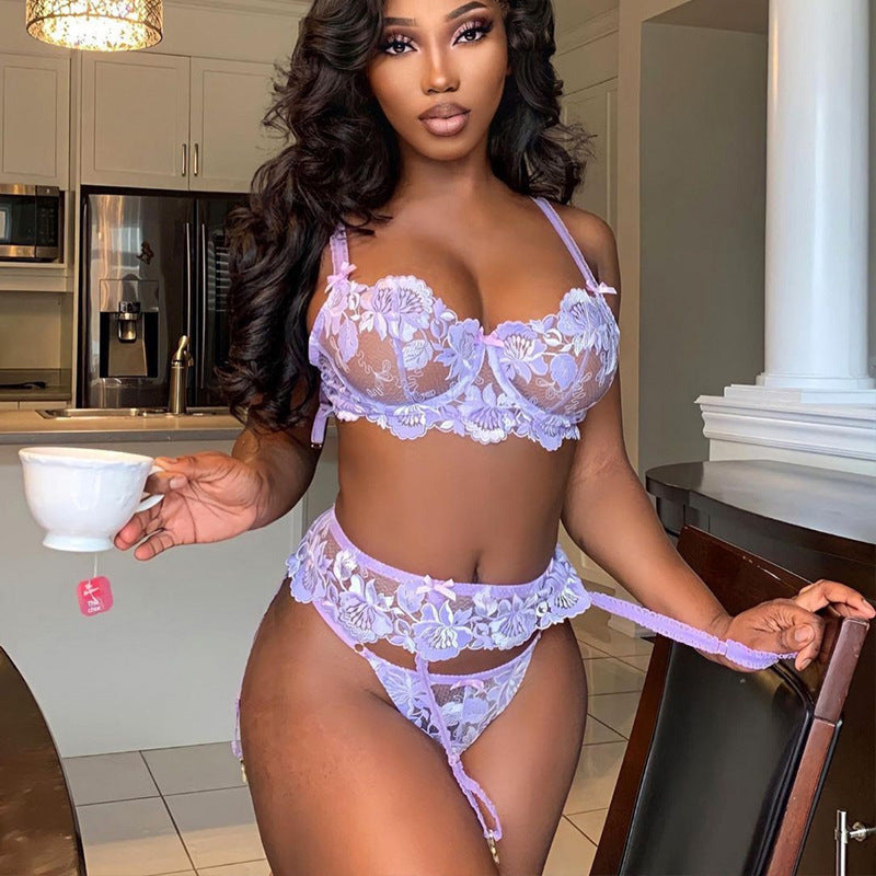 Sexy Floral Lace Lingerie Set – Hollow-Out Three-Point Garter Three-Piece Suit for Women