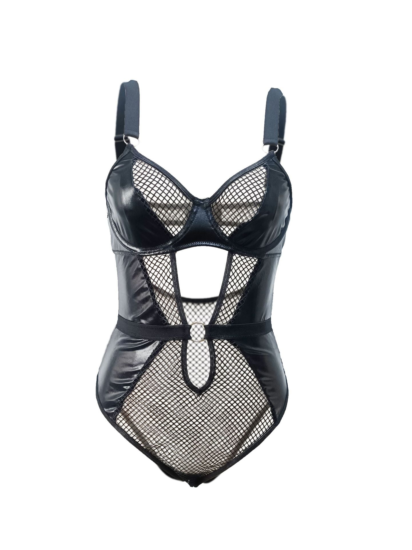 Black Plus size faux leather bustier and fishnet teddy lingerie on curvy model