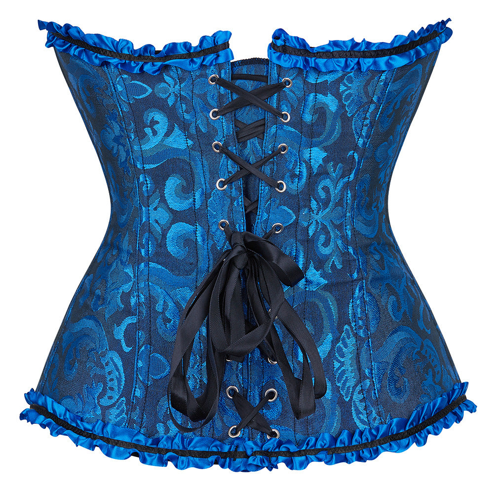 Blue corset with intricate patterns and black lace-up details on a white background