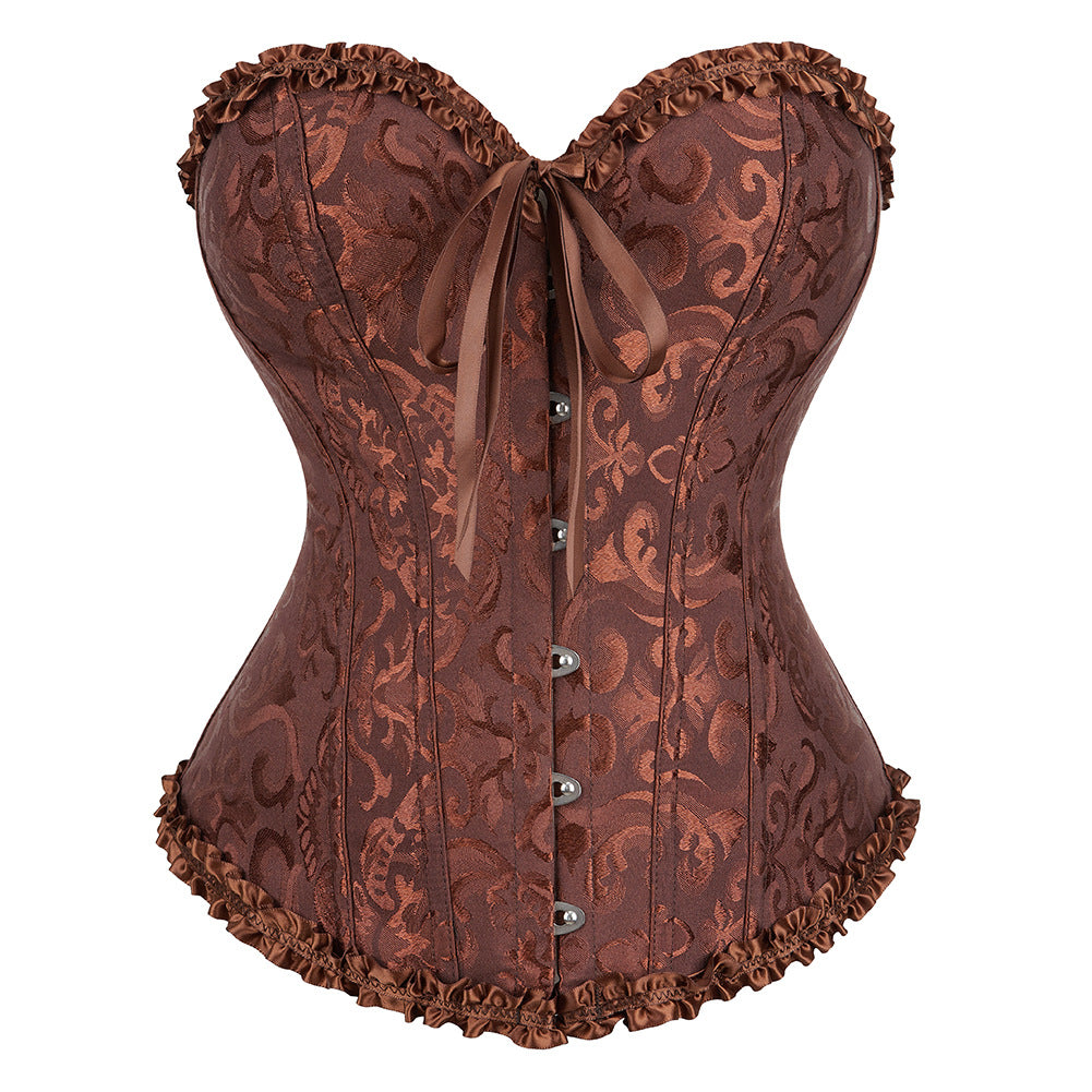 Brown corset with intricate patterns on a white background
