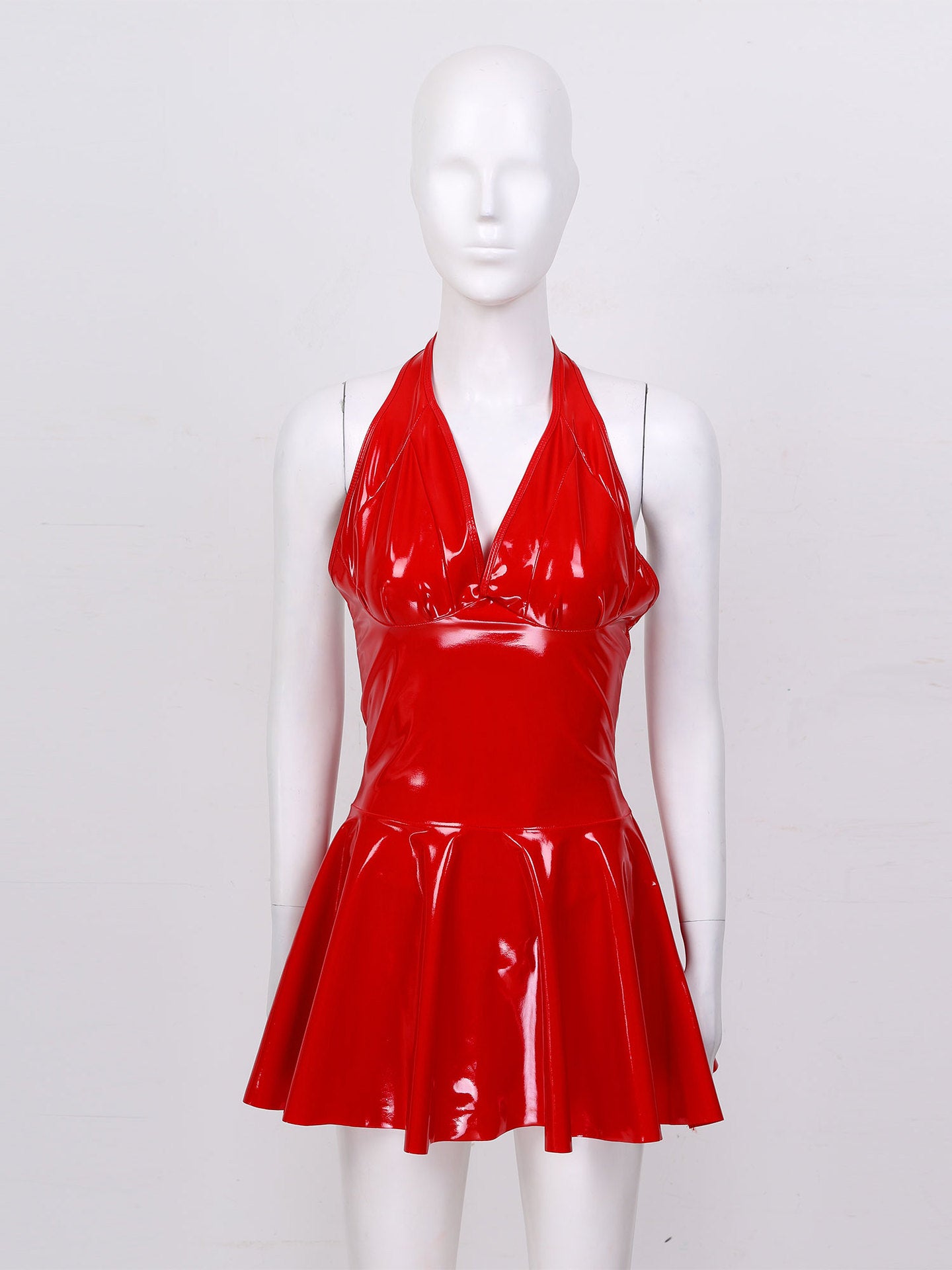 Red Plus size backless faux leather skirt set on curvy model