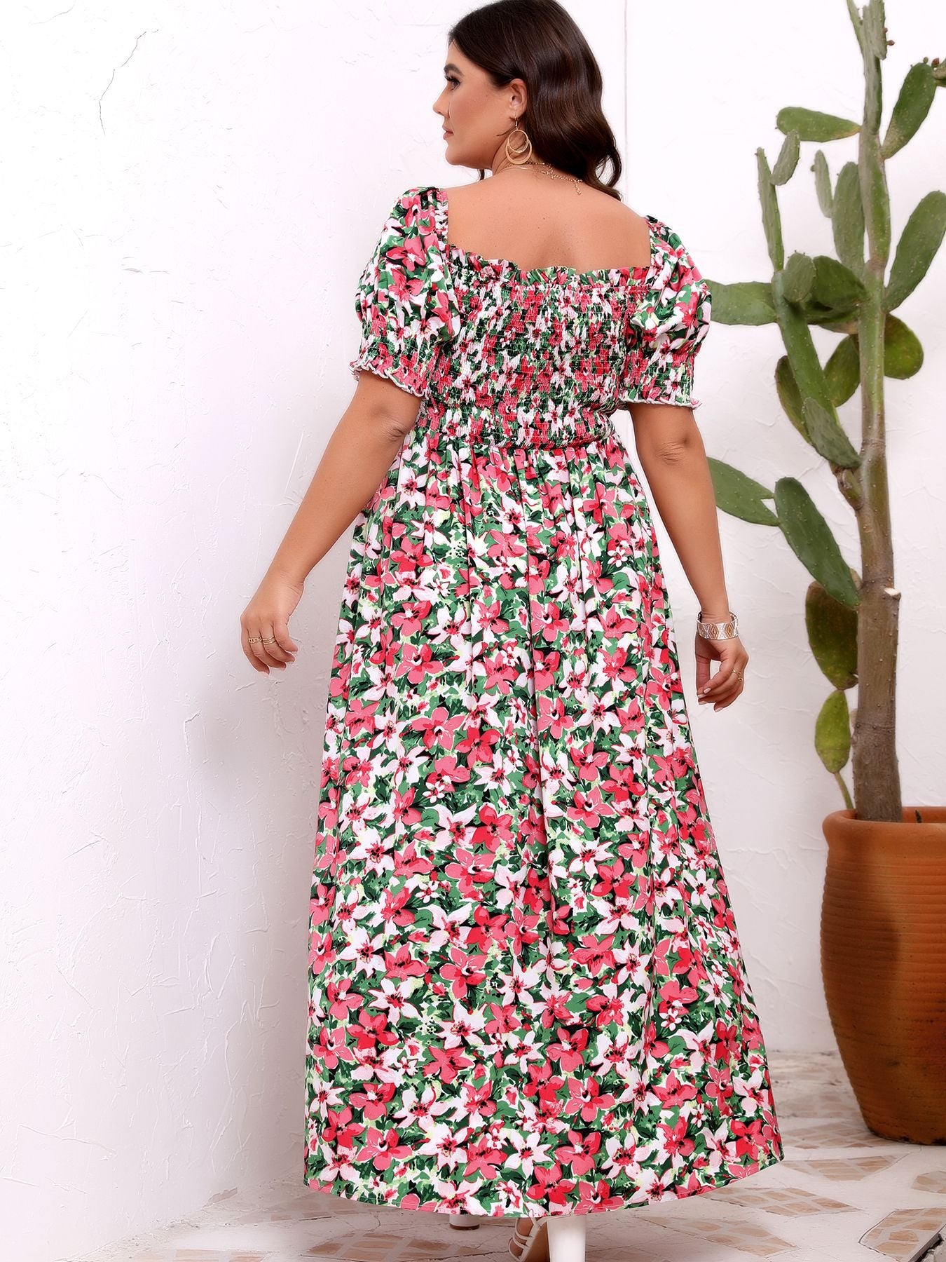 Plus Size Women Clothes Summer Floral off Shoulder Waist Slimming Dress
