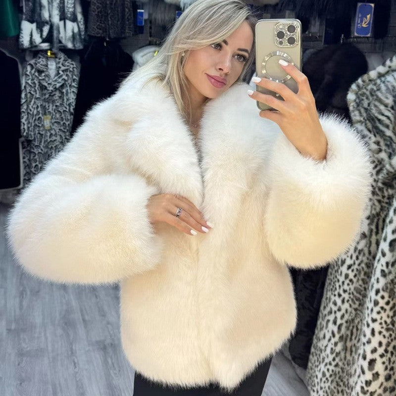 Close-up of plush fox-style faux fur on plus size coat