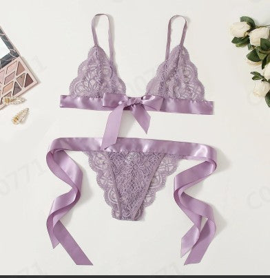 Purple Plus size ruffled lace split cut three point lingerie set