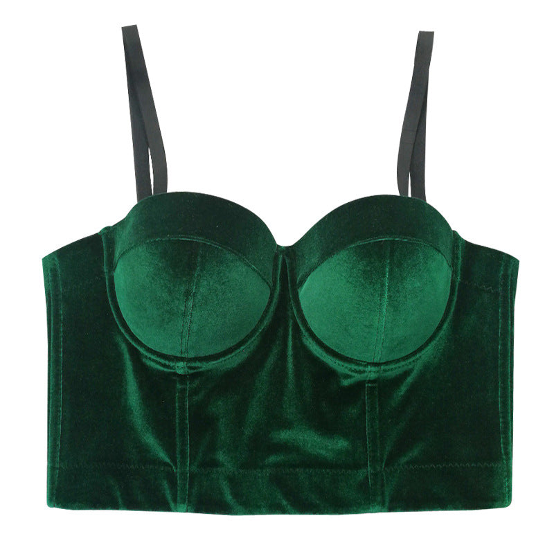 Green velvet bralette on a white background