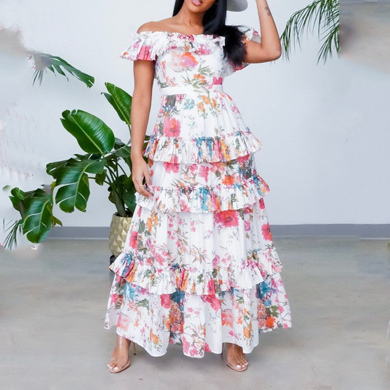 “Women’s printed ruffled maxi dress long sleeve bohemian beach vacation”
