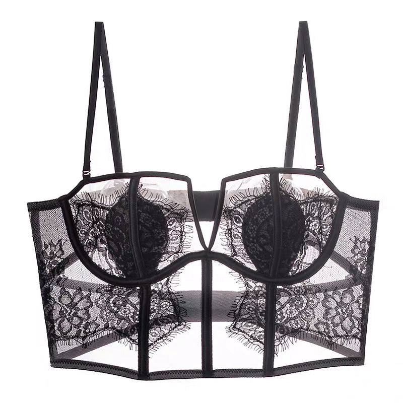 Black lace bra on a white background