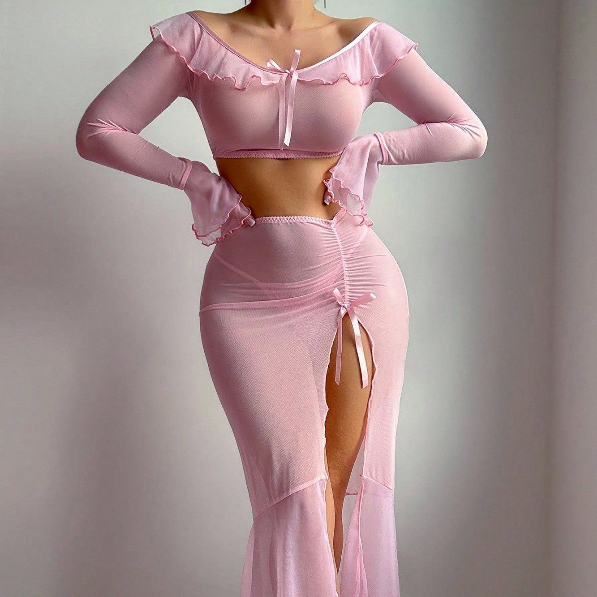 Sexy Mesh Lingerie Set – Long Sleeve Slim Fit Two-Piece Outfit for Women