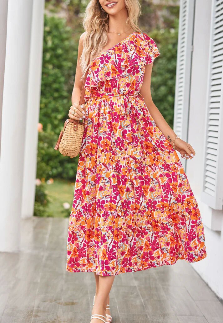 “Women’s bohemian printed oblique shoulder ruffle sleeveless summer dress”
