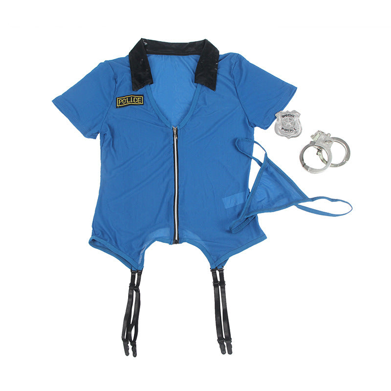 Blue police costume with accessories on a white background