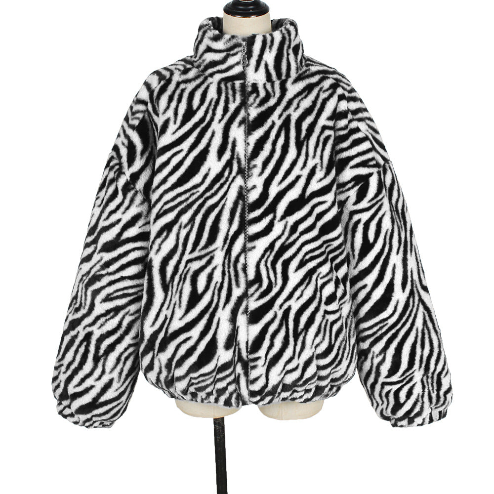 Zebra pattern jacket on a mannequin against a white background