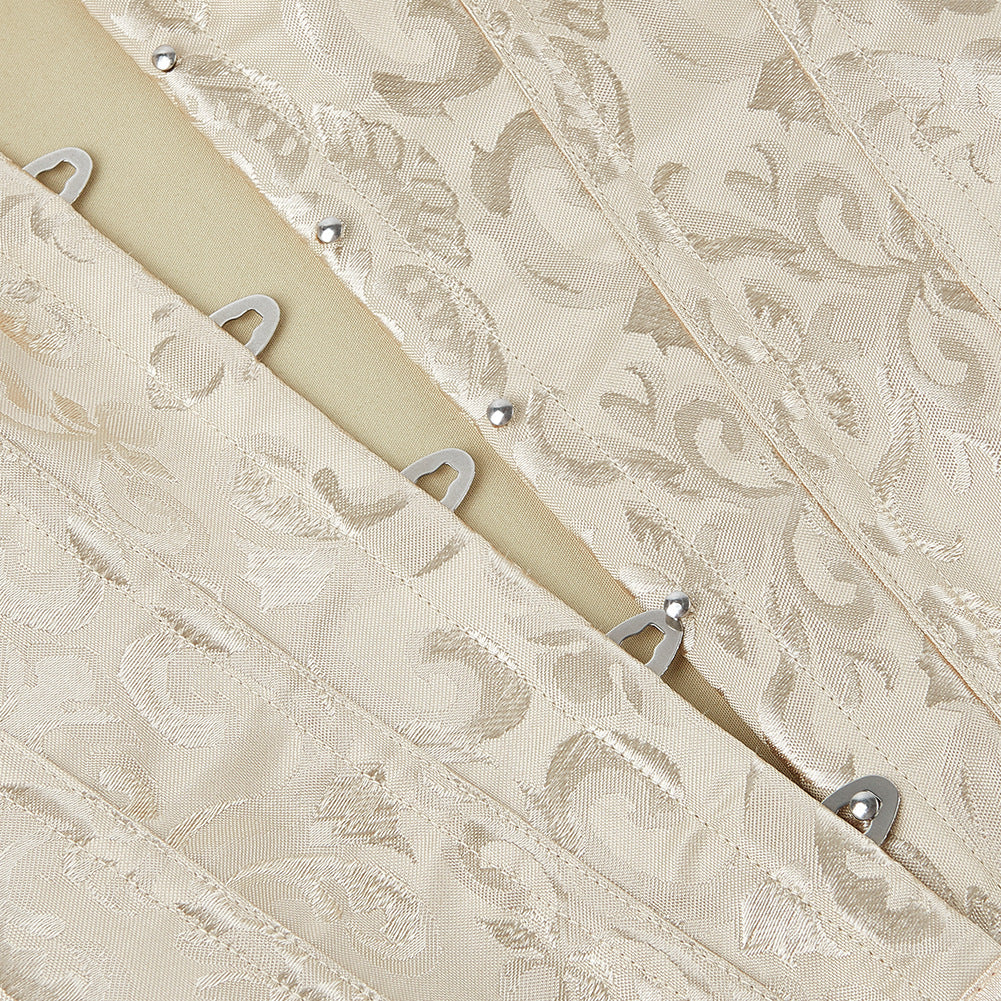 Beige lace fabric with metal hooks on a wooden board