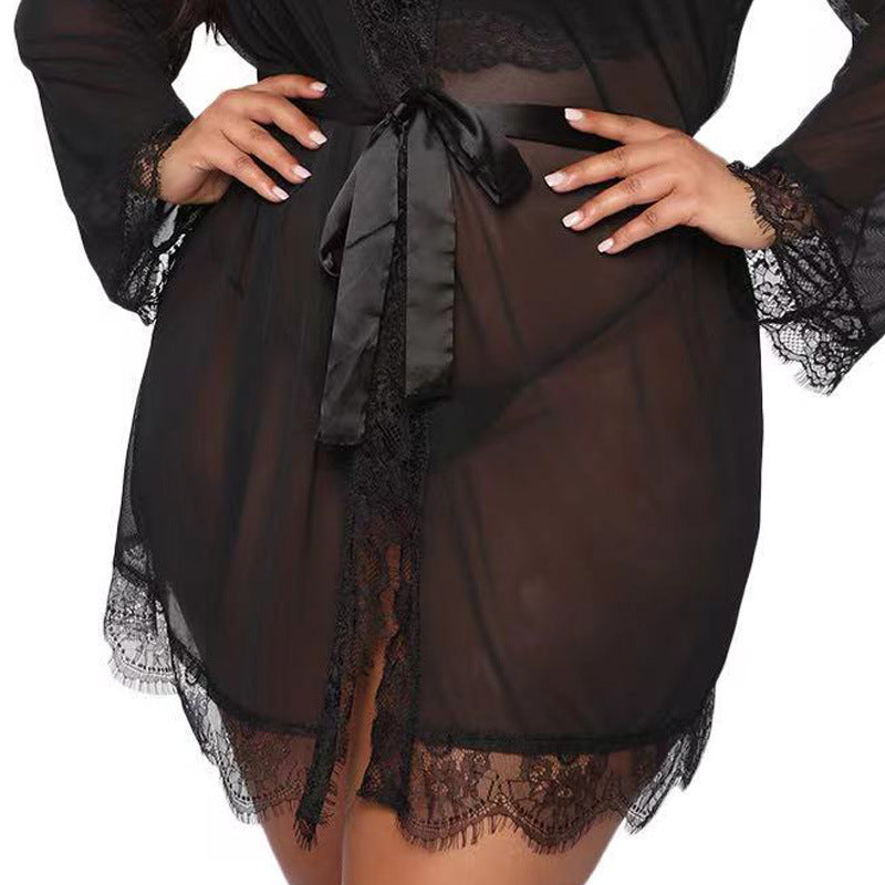 Sexy Underwear Mesh See through Set Lace Sexy Nightgown Three Piece Set