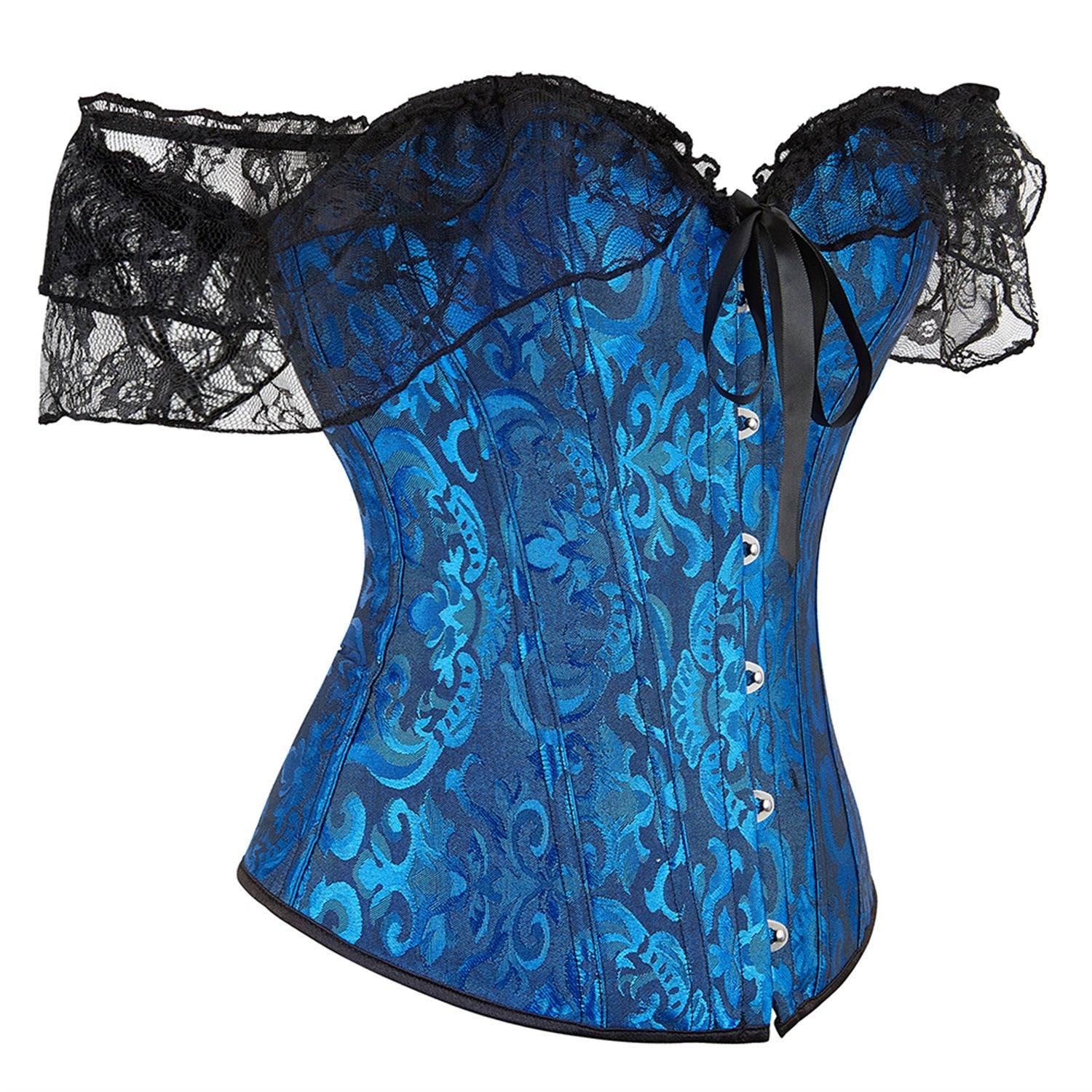 Blue lace corset with black lace sleeves on a white background