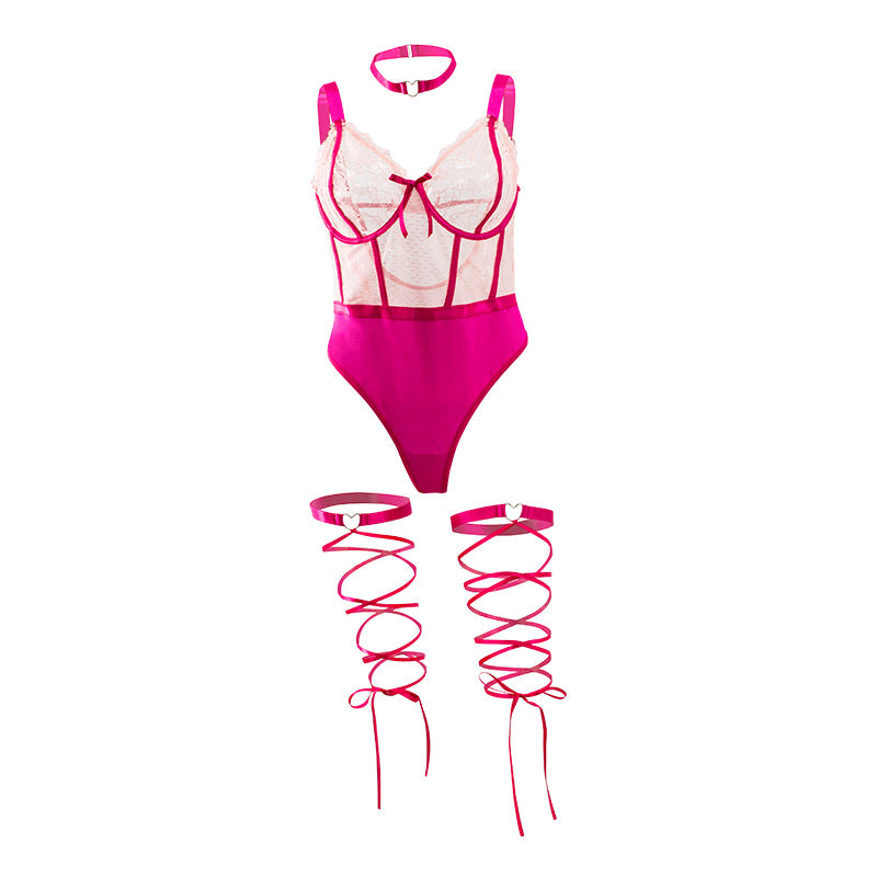 Pink Sheer one piece bodysuit lingerie for plump girls