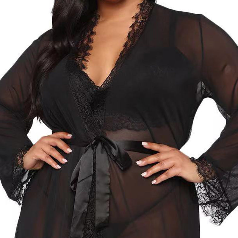 Sexy Underwear Mesh See through Set Lace Sexy Nightgown Three Piece Set