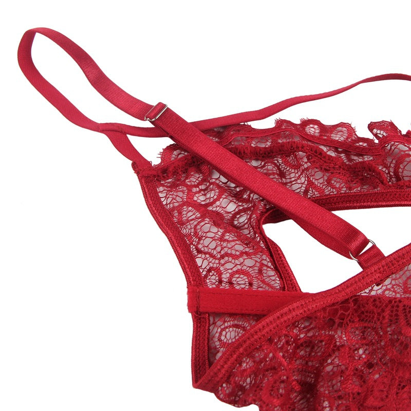 Red lace lingerie set on a white background
