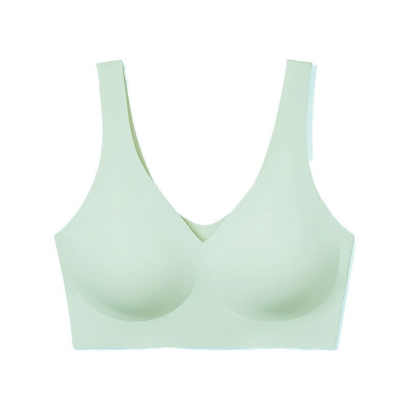 “Front view of plus size seamless V-neck vest bra with smooth fit”
