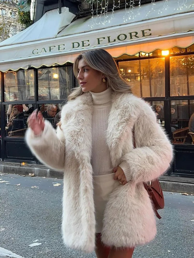 Rice Apricot Cozy thickened autumn winter faux fur jacket for curvy women