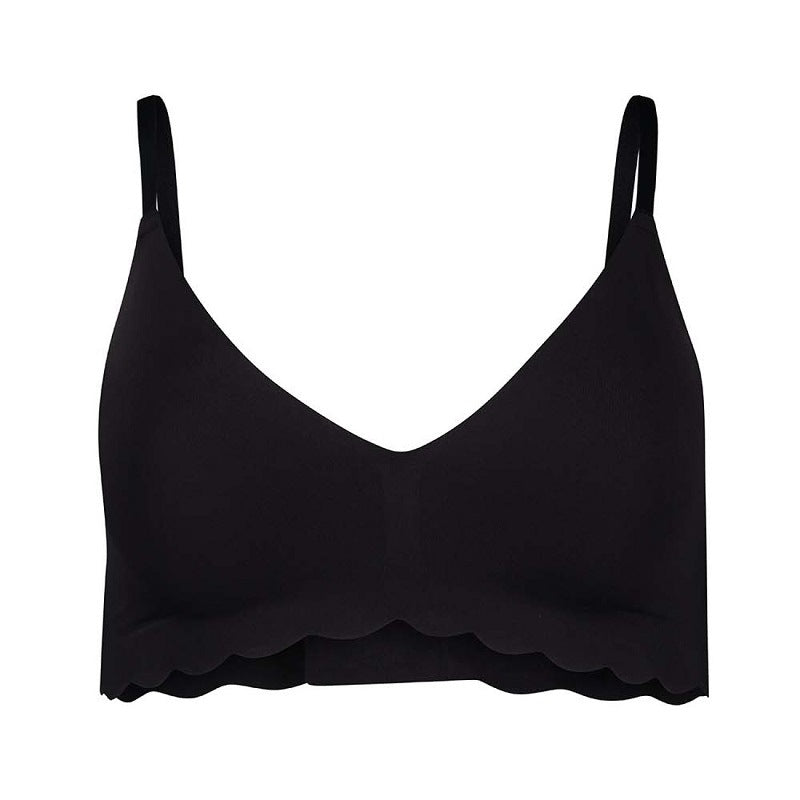 Black scalloped-edge bikini top on a white background
