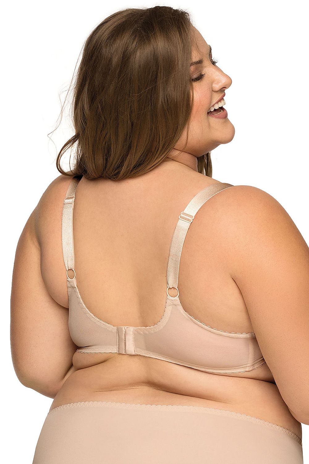 “Back view of the beige embroidered bra with triple hook-and-eye closure in smooth microfiber band”