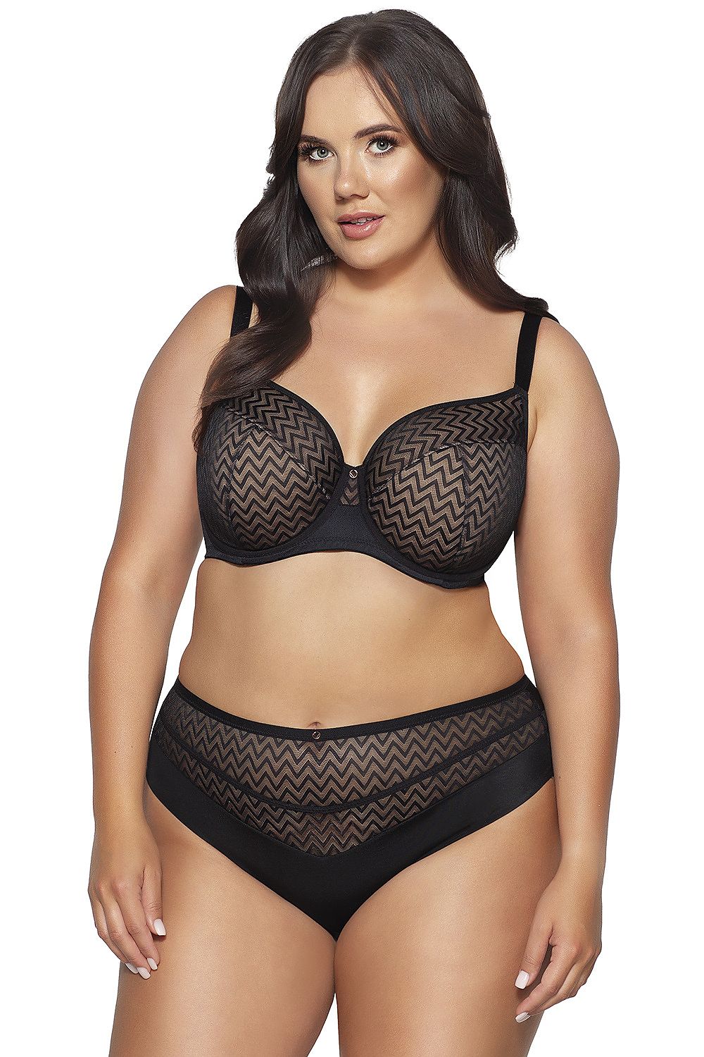 “Back view showing layered lycra and patterned lace construction”