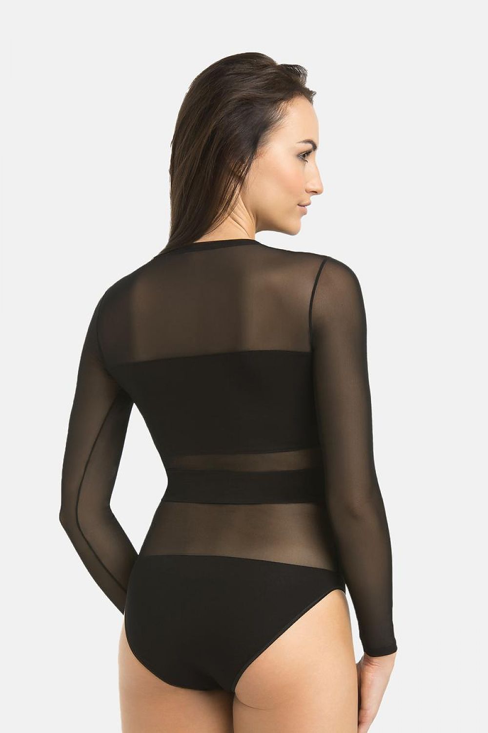 “Model wearing mesh bodysuit with semi-circular neckline and defined waistline”