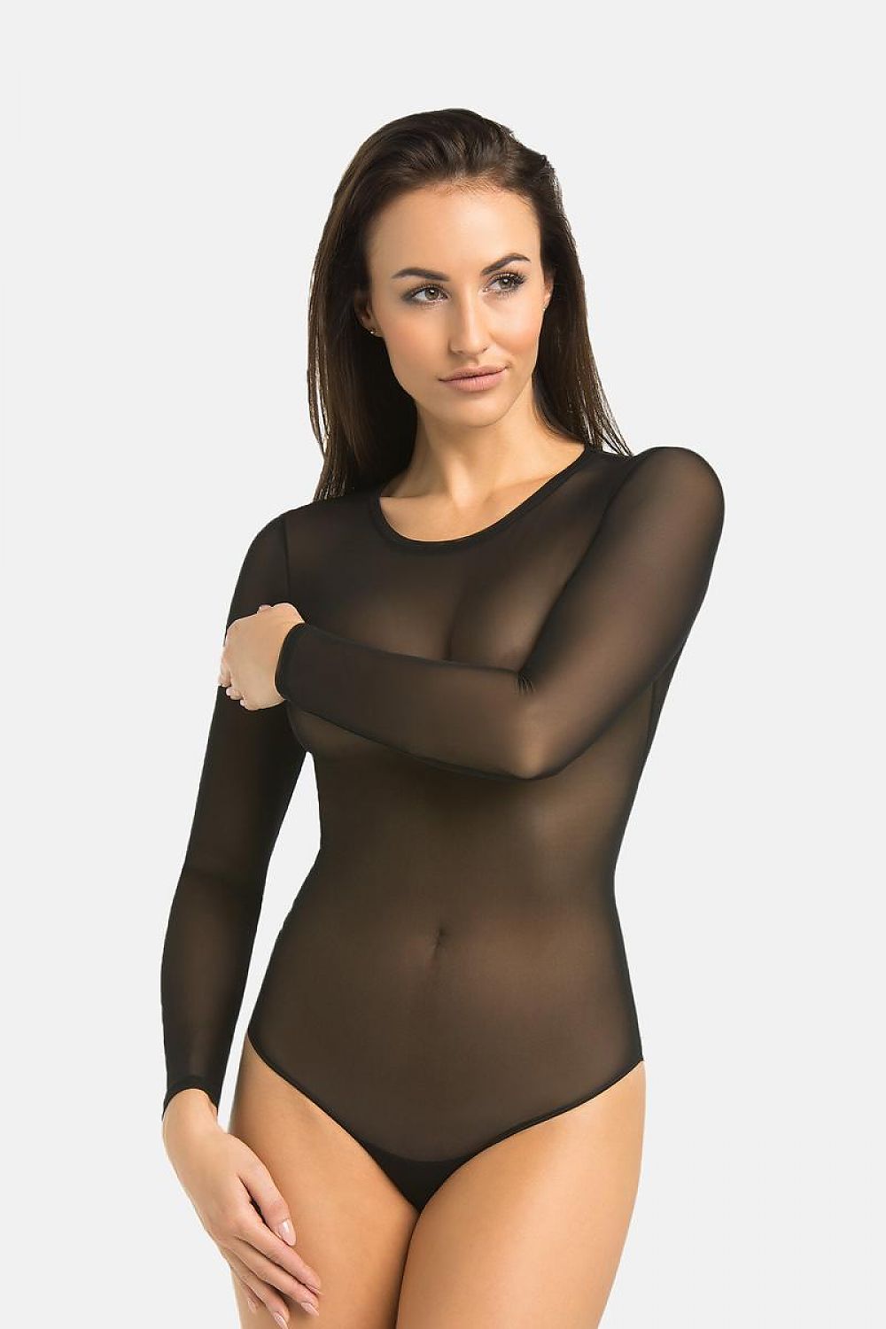 “Detail of adjustable hook closure and inner cotton lining of mesh bodysuit”