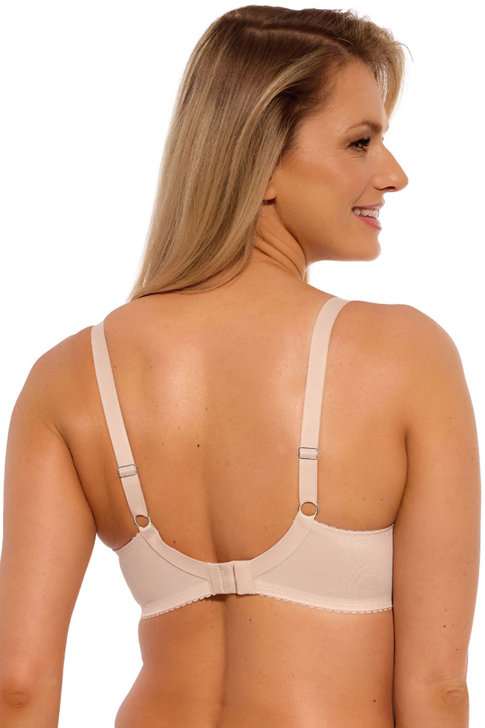 “Back view with adjustable band and smooth finish under clothing”