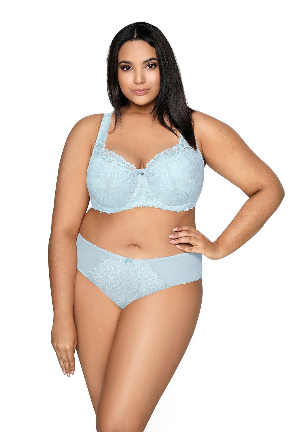 Elegant high-waisted blue panties – side view highlighting lace wrapping buttocks and thighs.