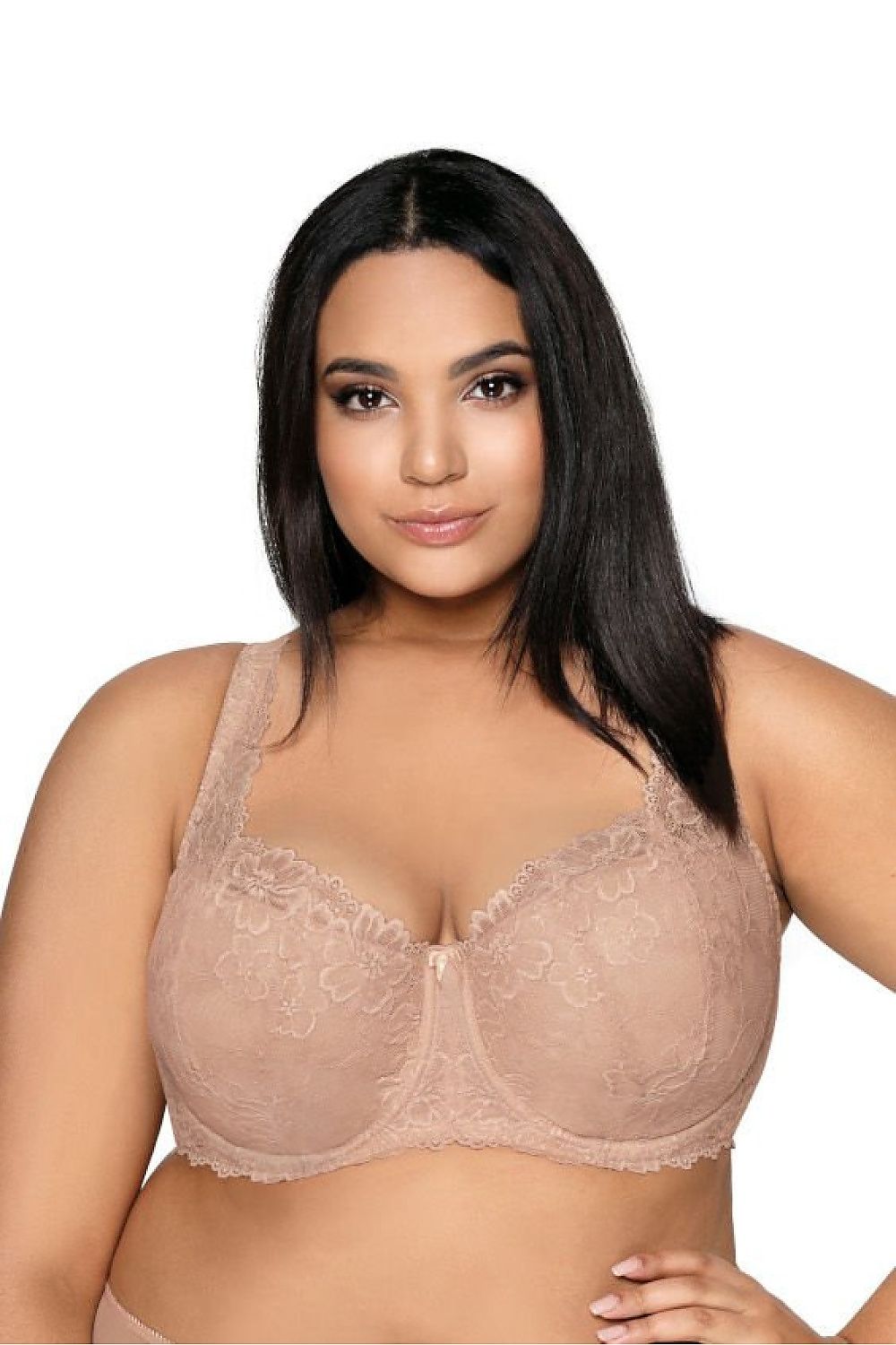 “Carmela Big bra in red with wide decorative strap and lace cups”