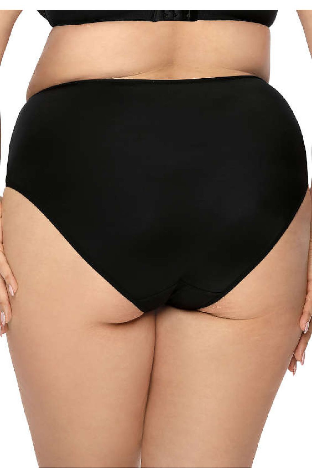 Comfortable plus size black Aggie panties with cotton-lined gusset – detail view.