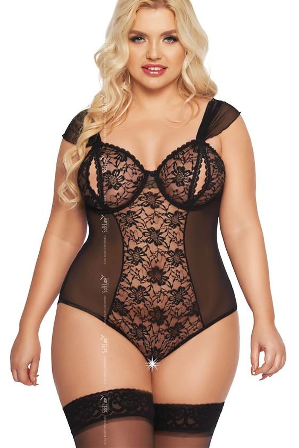 “Floral accent bodysuit with decorative cut-out cups and romantic detailing”