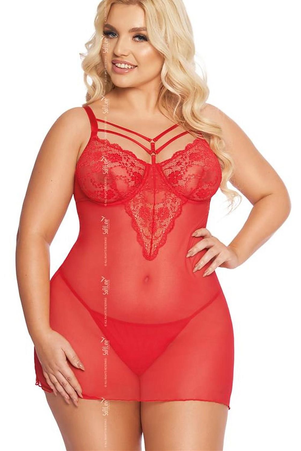 “Sexy lace shirt with decorative straps and playful back cutout paired with matching thong”