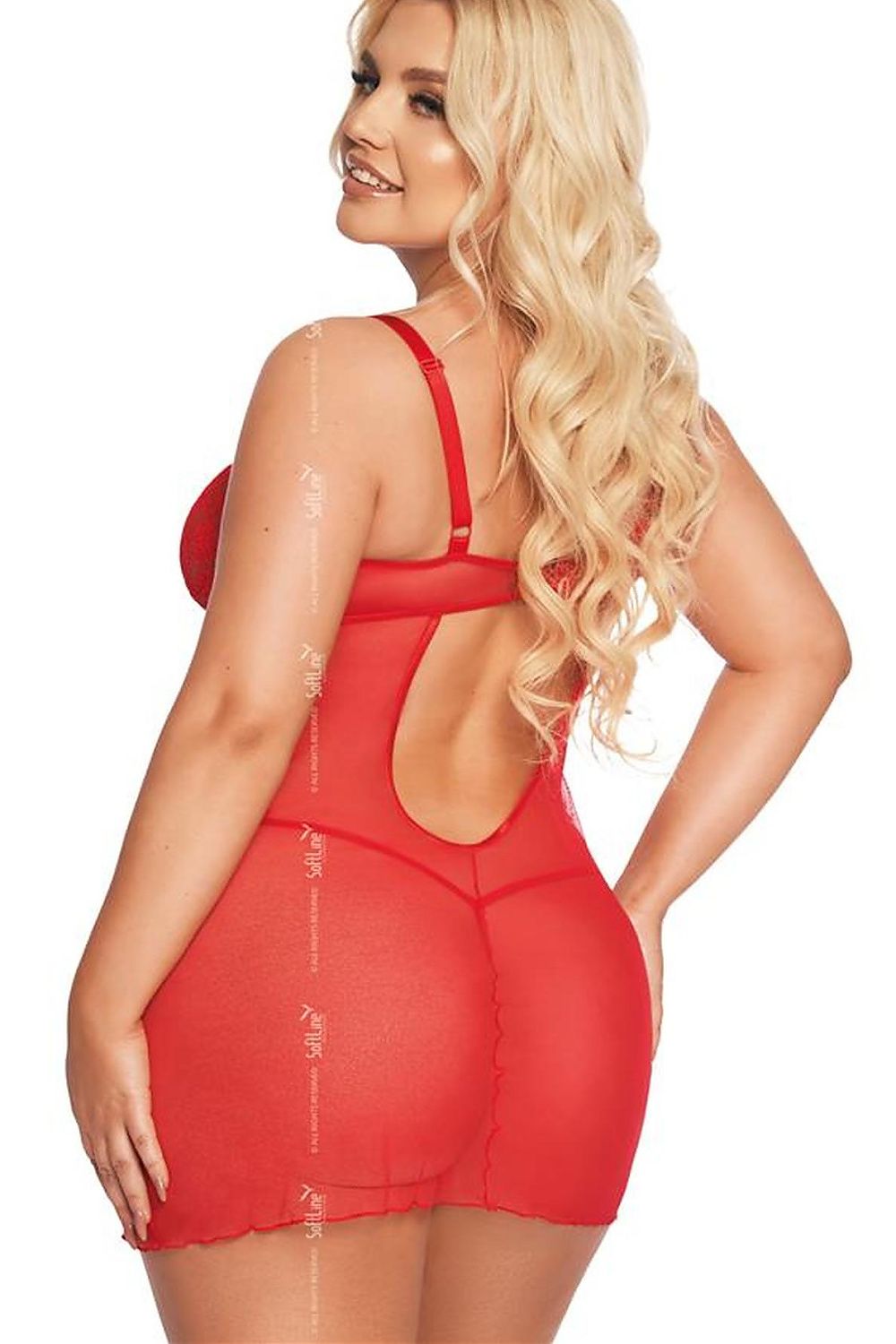 “Back view of sheer lace shirt lingerie showing cutout detail with thong”