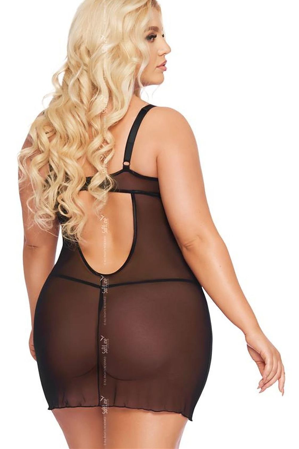 “Back view of sheer shirt lingerie with playful cutout and thong”