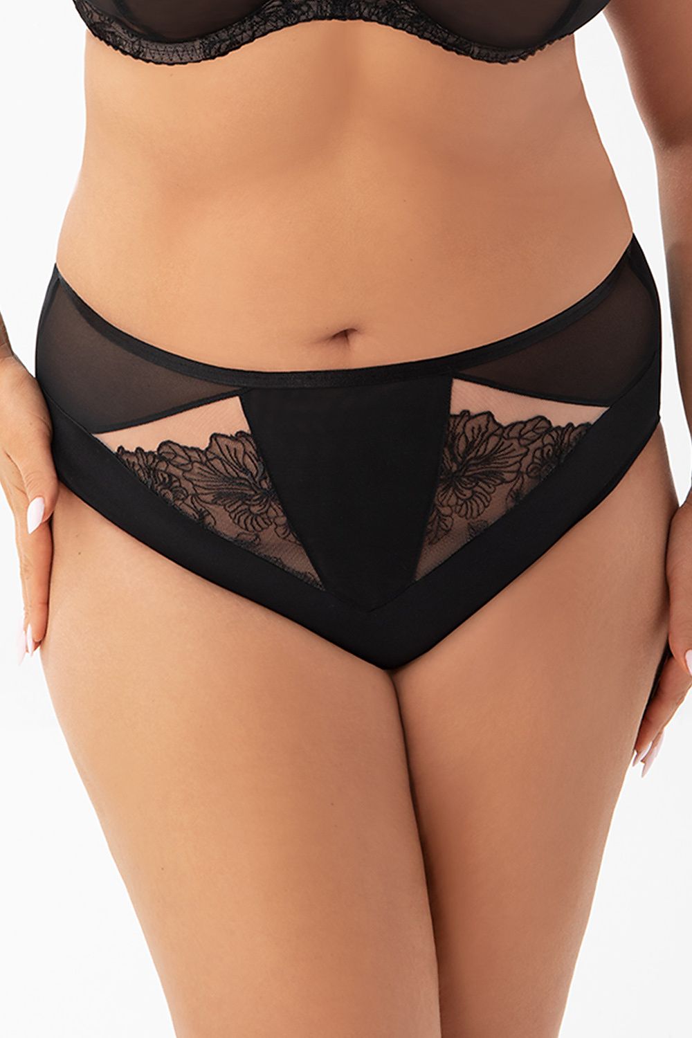 Plus size elegant microfiber panties L–6XL with embroidery and mesh – front view.