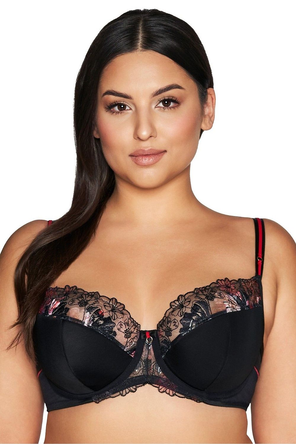 “Front view of semi-soft plus size bra with embroidered microfiber cups and cleavage enhancement”