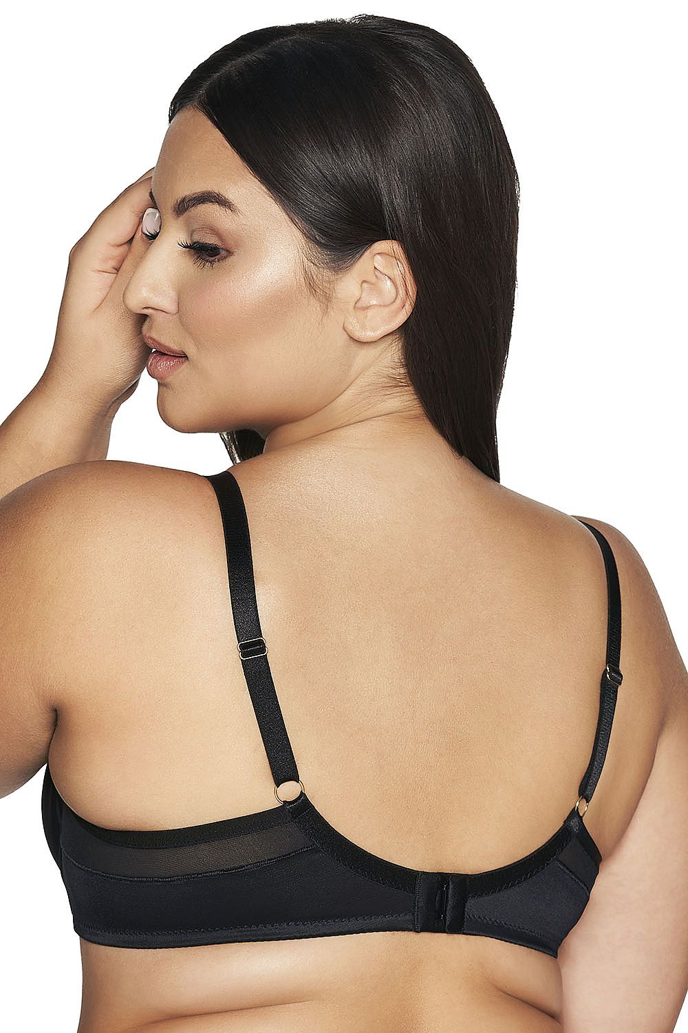 “Side view of plus size bra showing adjustable straps and back clasp”