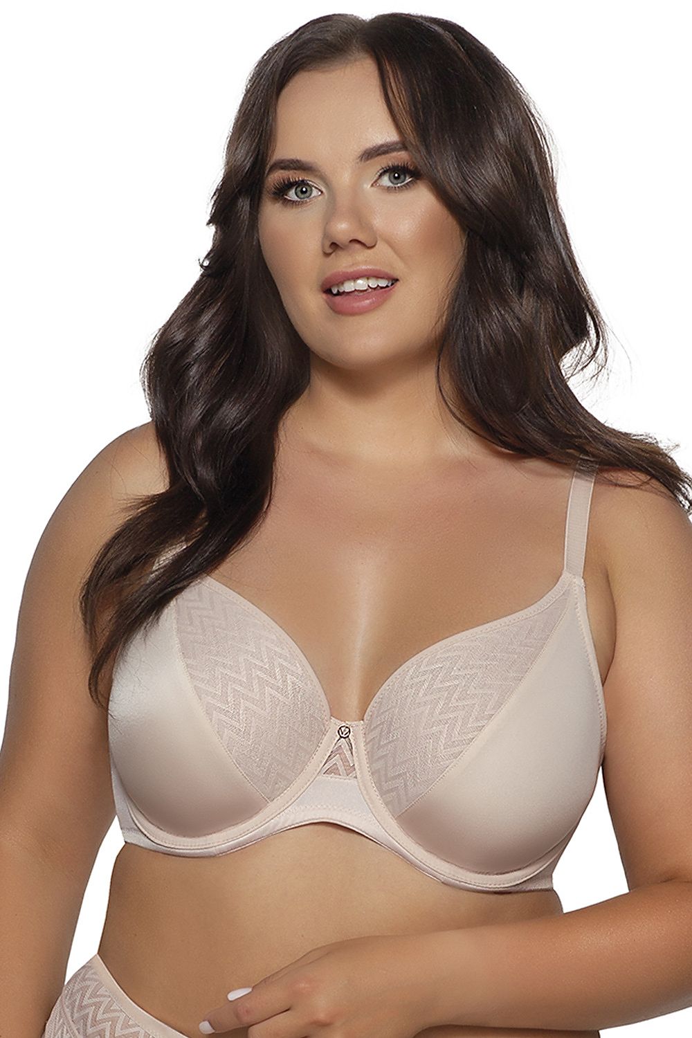 “Front view of Natural Comfort Soft Bra with deep unlined cups and decorative center accent”