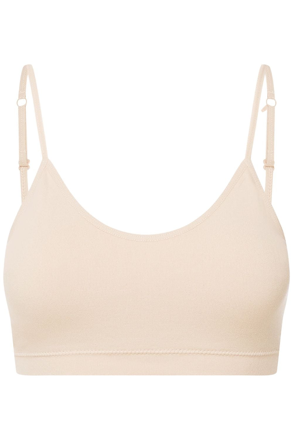 “Front view of Elastic Ribbed Soft Bra with adjustable straps and removable pads”