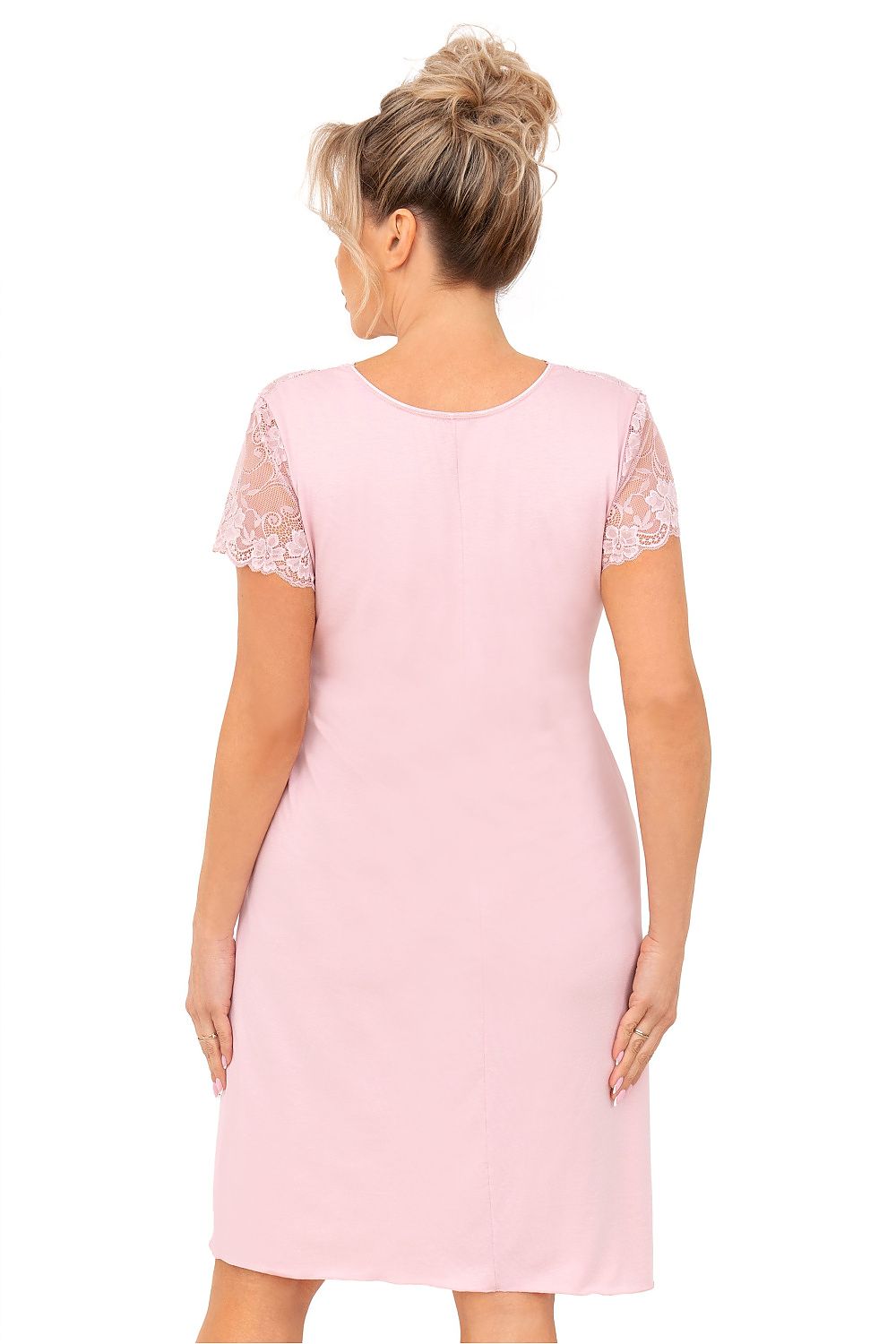“Close-up of lace neckline and underbust elastic on plus size nightshirt”