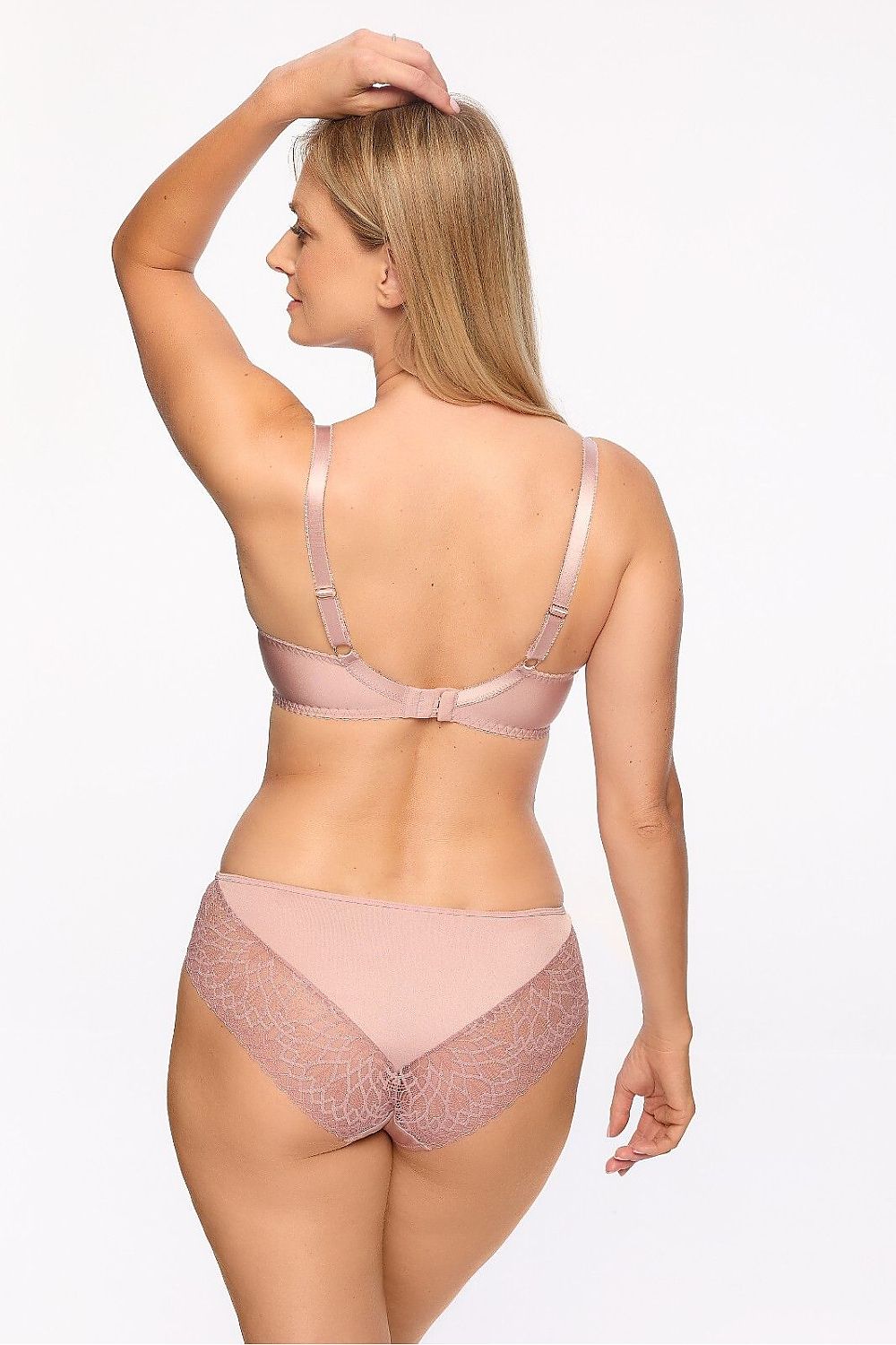 “Back view of semi-soft bra with adjustable straps and hook-and-eye closure”