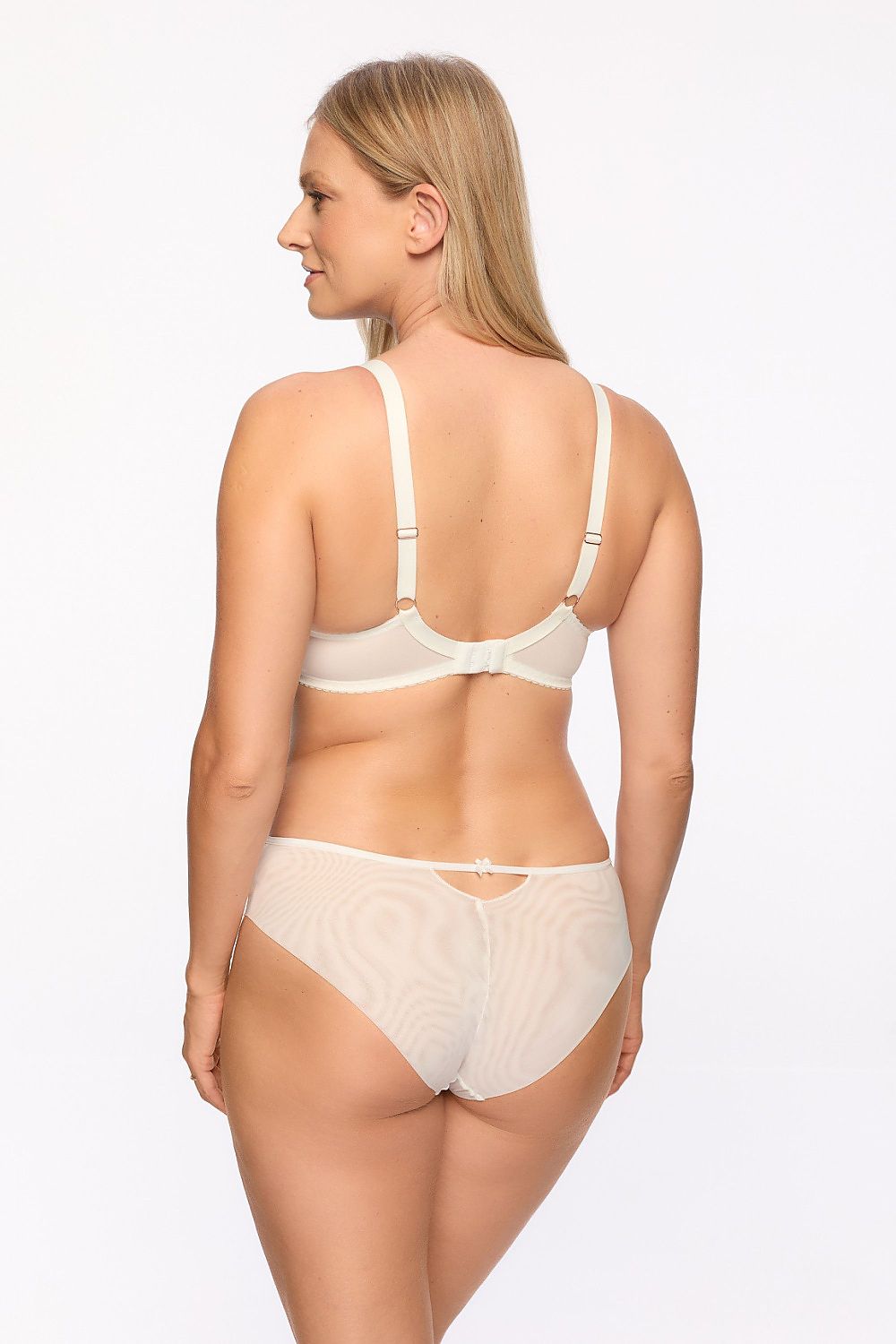 “Back view of semi-soft bra with adjustable straps and hook-and-eye closure”