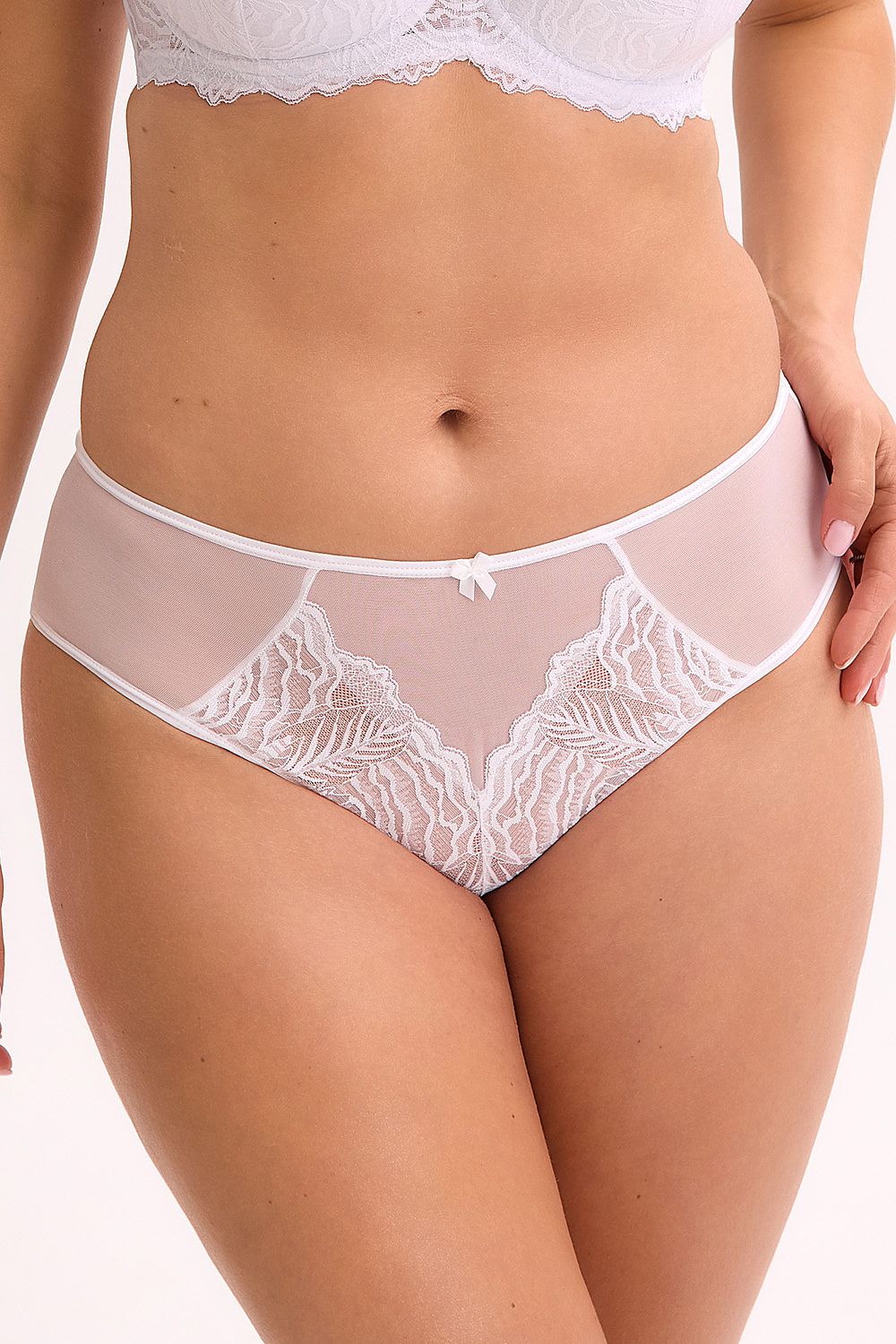 Close-up of lace and bow detail on panties