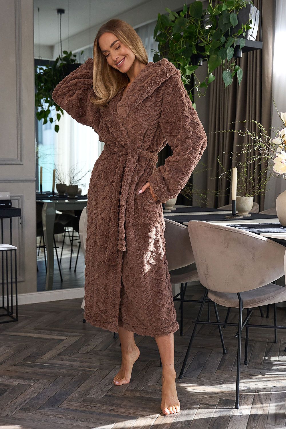 Brown very soft plush bathrobe with belted waist