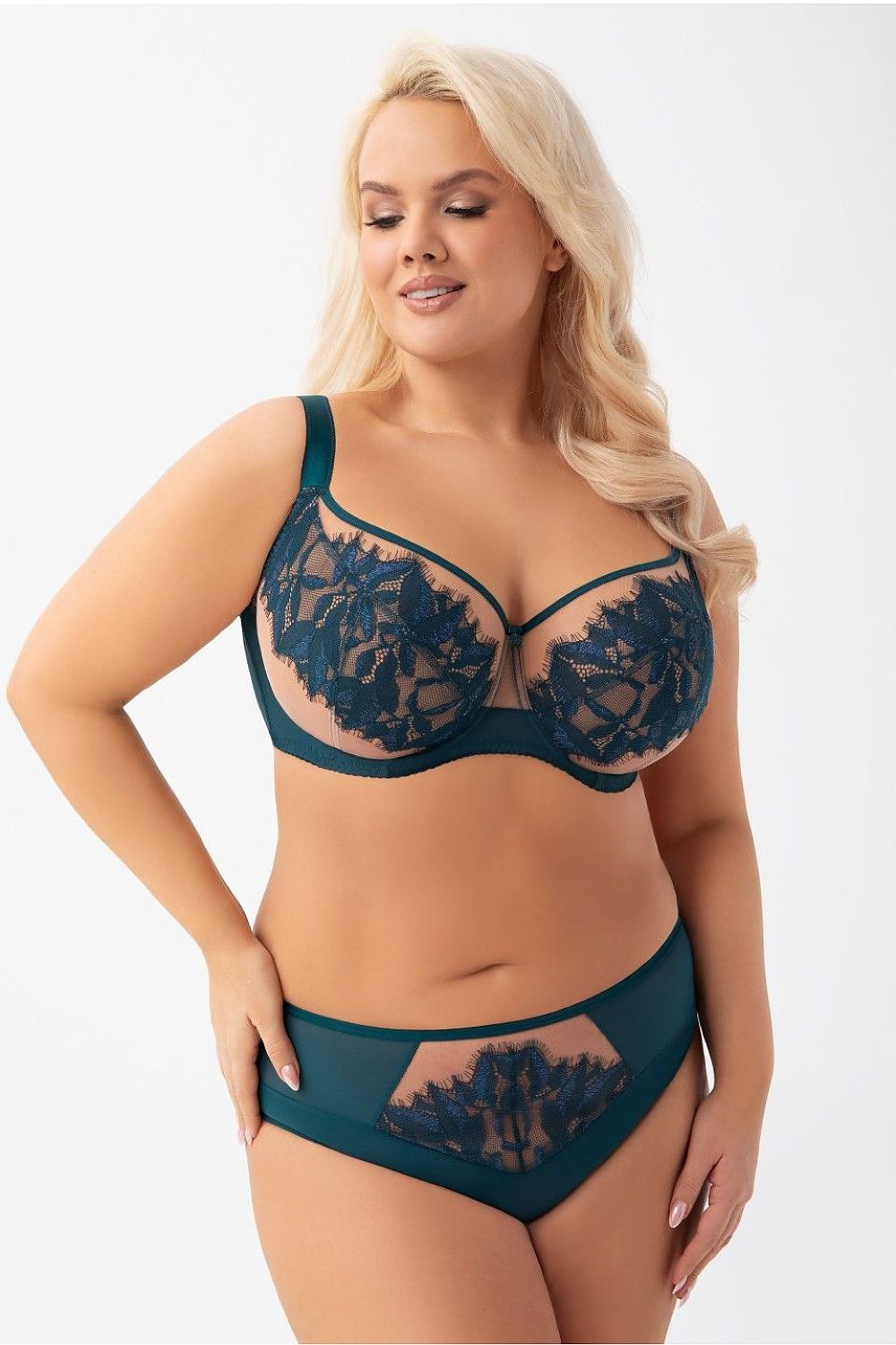 Close-up of embroidery and flat seam cups on plus size soft bra